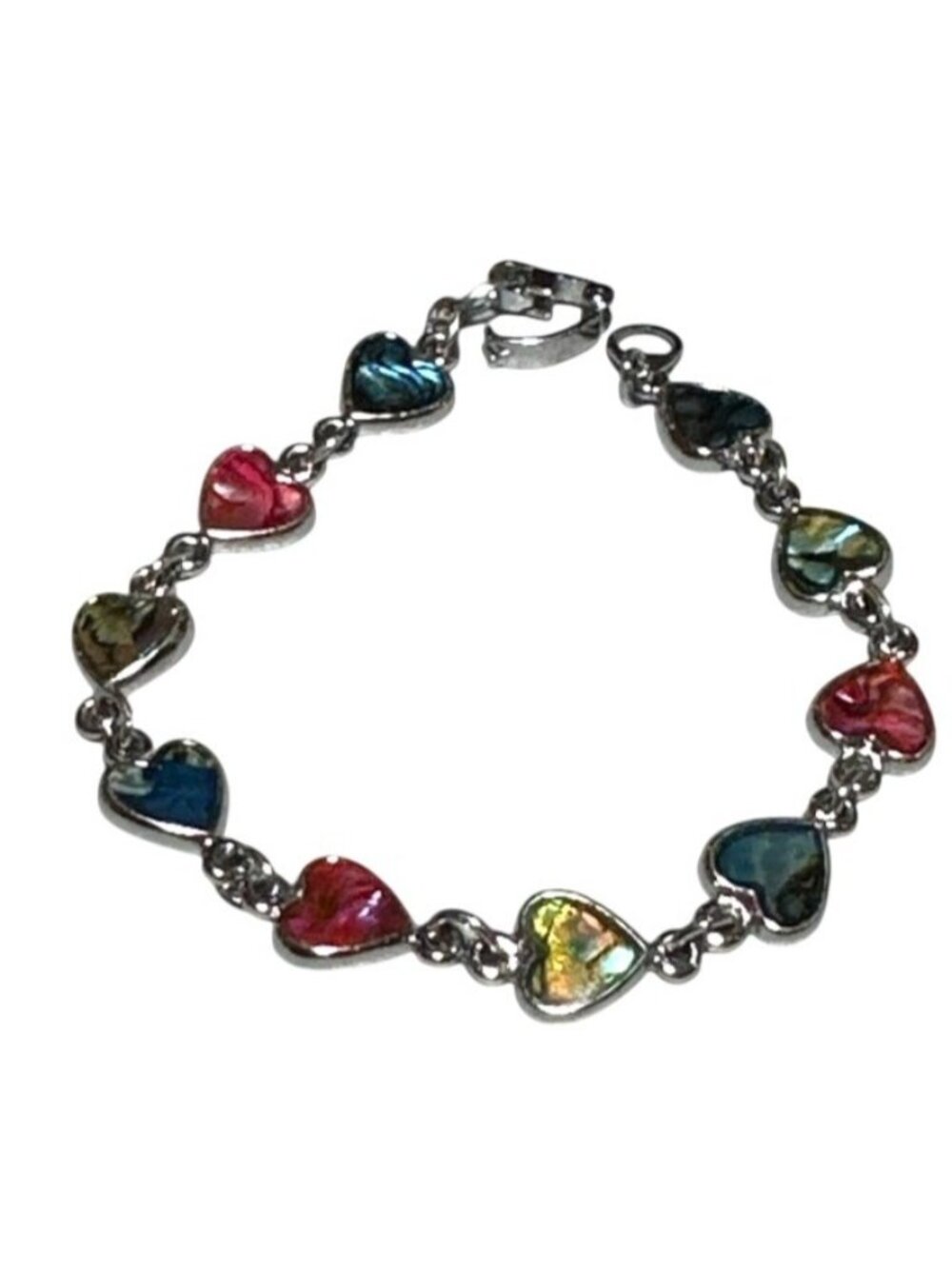 Link Bracelet Silver Toned and Multi-colored Abalone or Paua Shell Heart Inlays